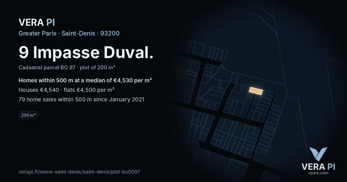 9 Impasse Duval, Saint-Denis at night – the plot lit, the parcels around coloured by the prices near them