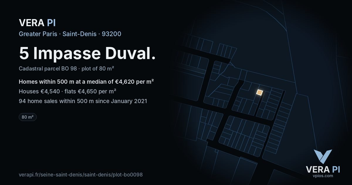 5 Impasse Duval, Saint-Denis at night – the plot lit, the parcels around coloured by the prices near them