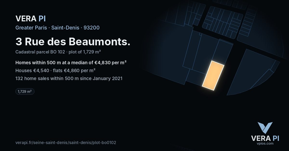 3 Rue des Beaumonts, Saint-Denis at night – the plot lit, the parcels around coloured by the prices near them