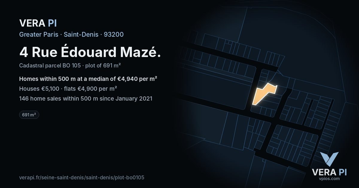 4 Rue Édouard Mazé, Saint-Denis at night – the plot lit, the parcels around coloured by the prices near them
