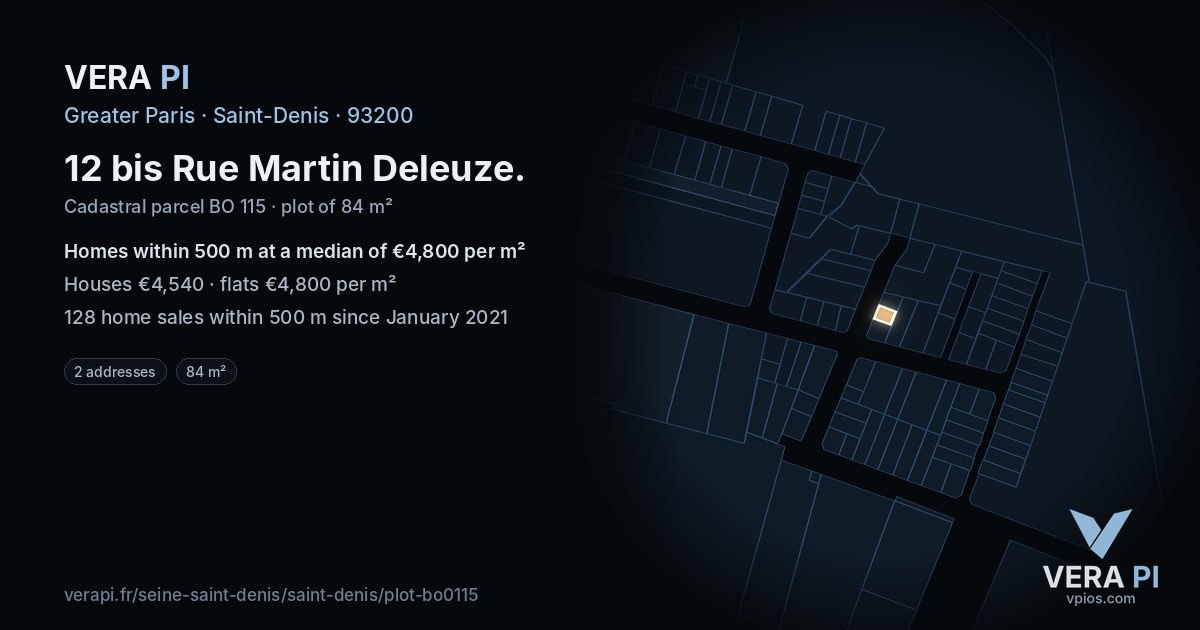 12 bis Rue Martin Deleuze, Saint-Denis at night – the plot lit, the parcels around coloured by the prices near them