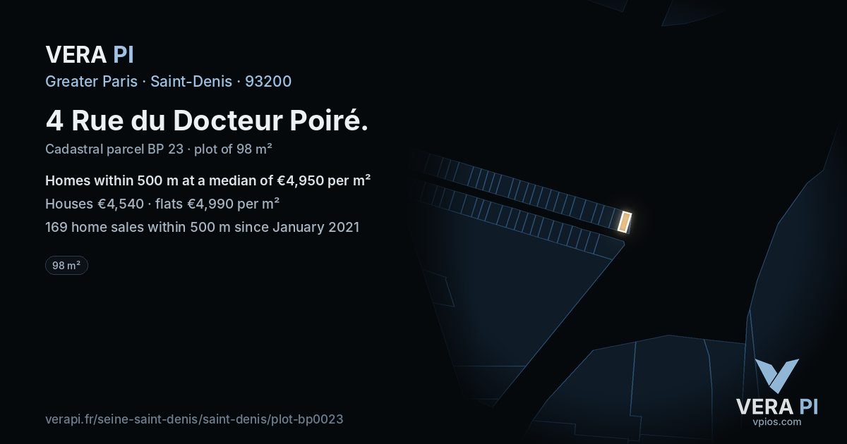 4 Rue du Docteur Poiré, Saint-Denis at night – the plot lit, the parcels around coloured by the prices near them