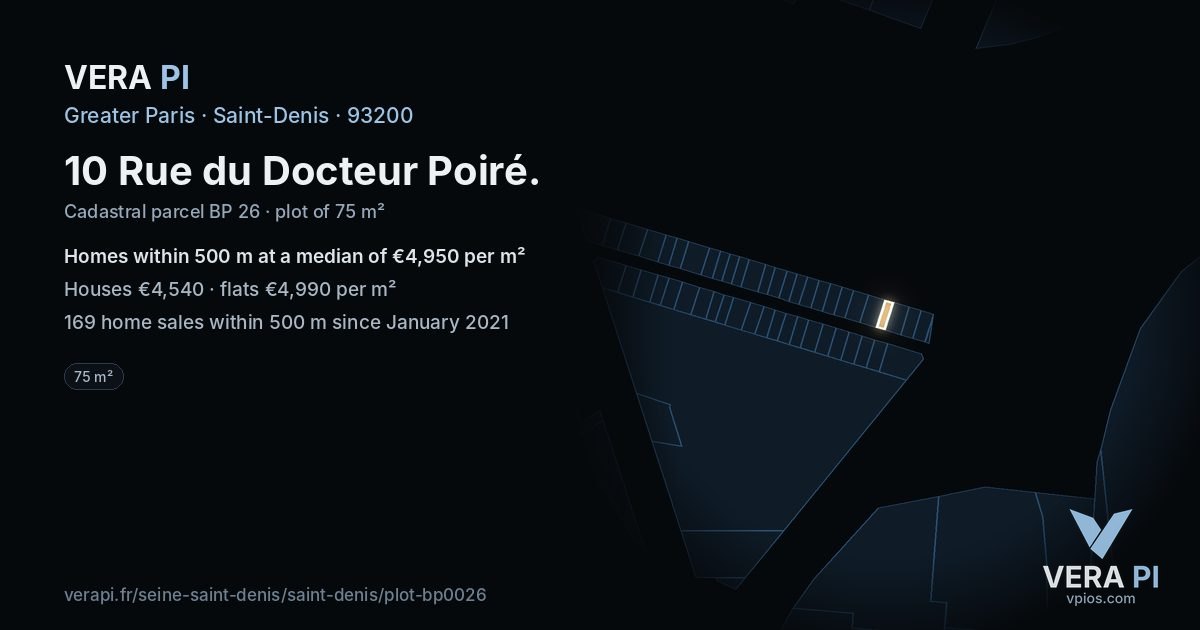 10 Rue du Docteur Poiré, Saint-Denis at night – the plot lit, the parcels around coloured by the prices near them