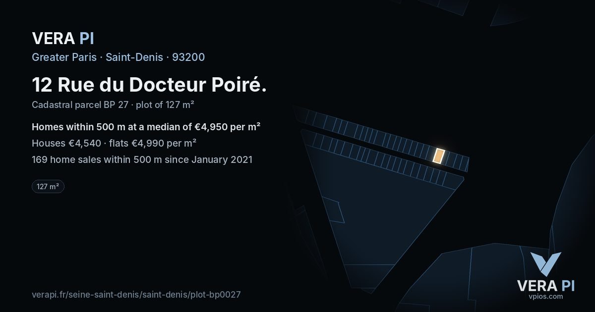 12 Rue du Docteur Poiré, Saint-Denis at night – the plot lit, the parcels around coloured by the prices near them