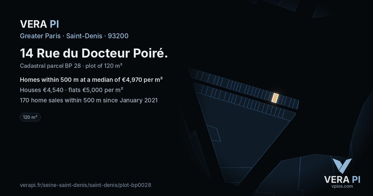 14 Rue du Docteur Poiré, Saint-Denis at night – the plot lit, the parcels around coloured by the prices near them
