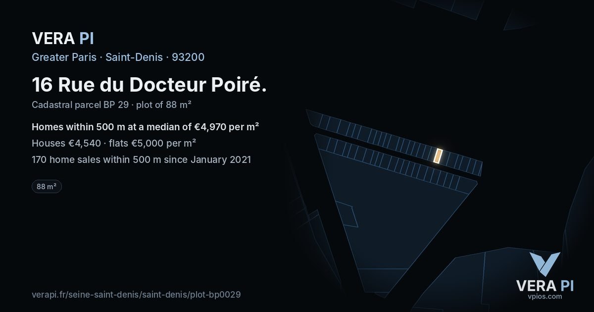 16 Rue du Docteur Poiré, Saint-Denis at night – the plot lit, the parcels around coloured by the prices near them