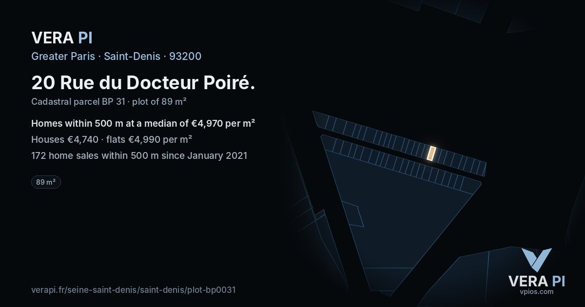 20 Rue du Docteur Poiré, Saint-Denis at night – the plot lit, the parcels around coloured by the prices near them