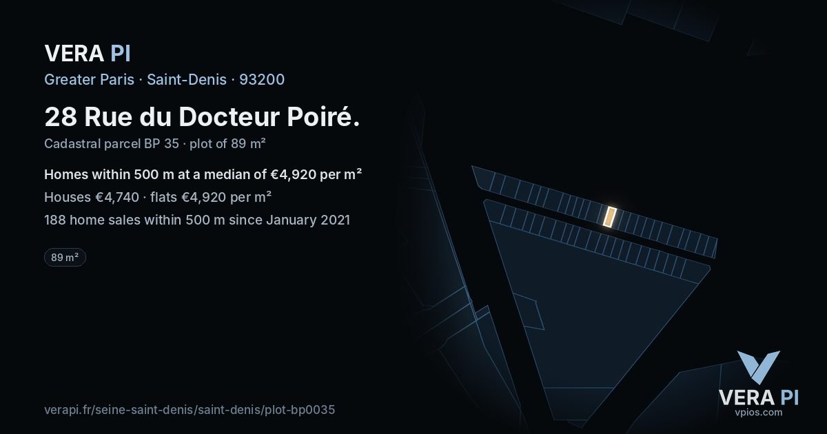 28 Rue du Docteur Poiré, Saint-Denis at night – the plot lit, the parcels around coloured by the prices near them