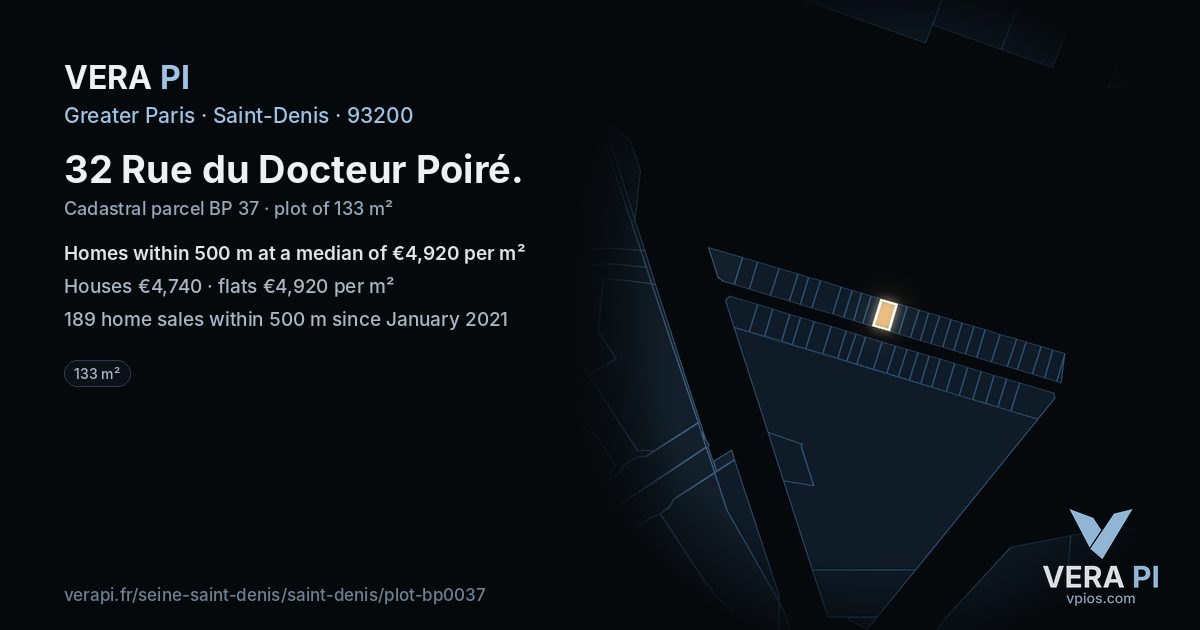 32 Rue du Docteur Poiré, Saint-Denis at night – the plot lit, the parcels around coloured by the prices near them