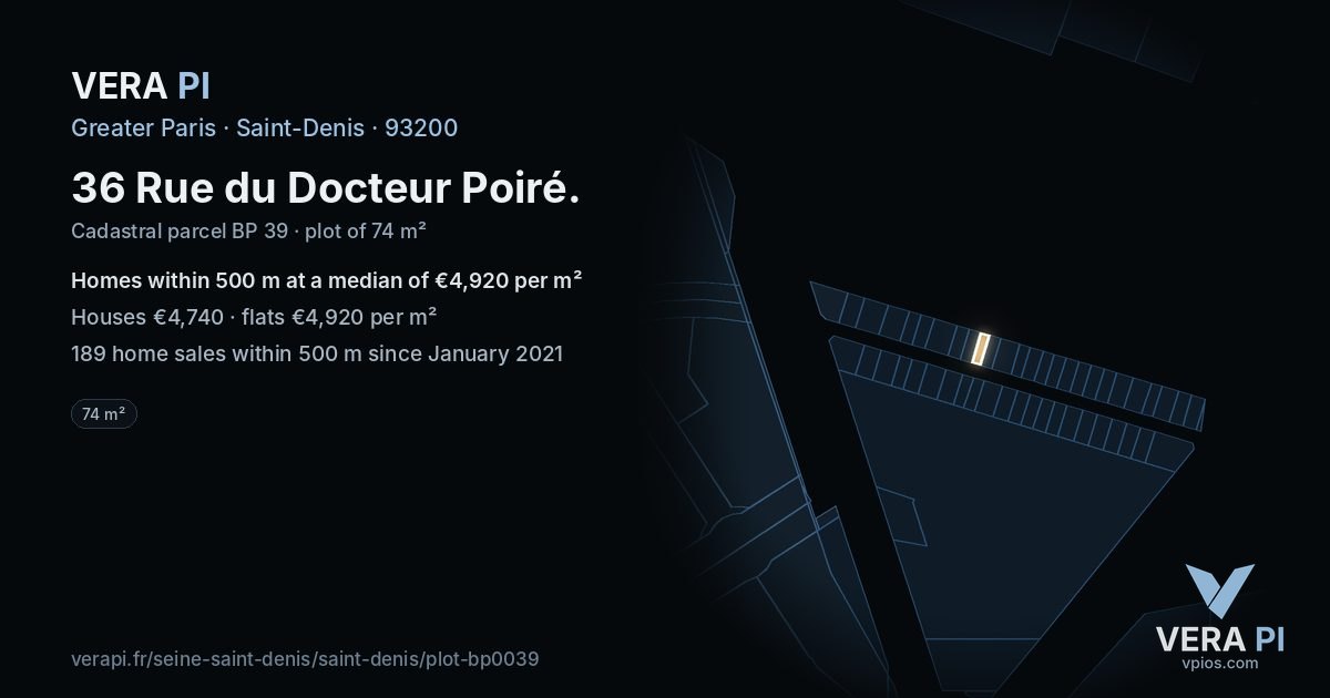 36 Rue du Docteur Poiré, Saint-Denis at night – the plot lit, the parcels around coloured by the prices near them