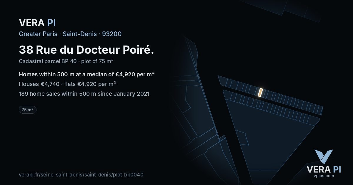 38 Rue du Docteur Poiré, Saint-Denis at night – the plot lit, the parcels around coloured by the prices near them
