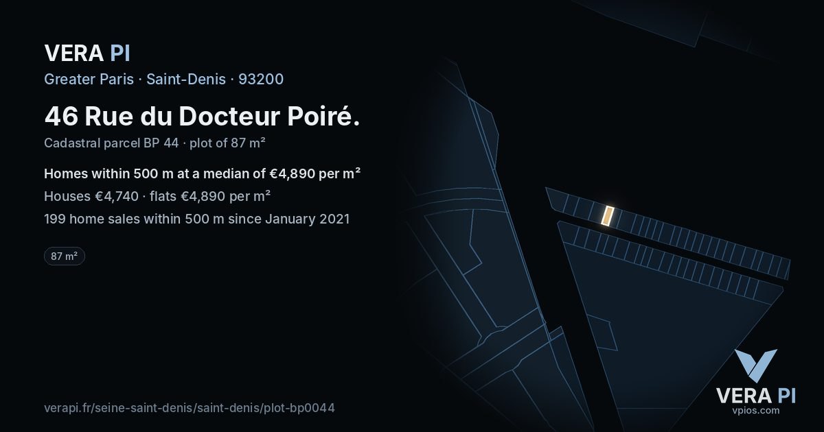46 Rue du Docteur Poiré, Saint-Denis at night – the plot lit, the parcels around coloured by the prices near them