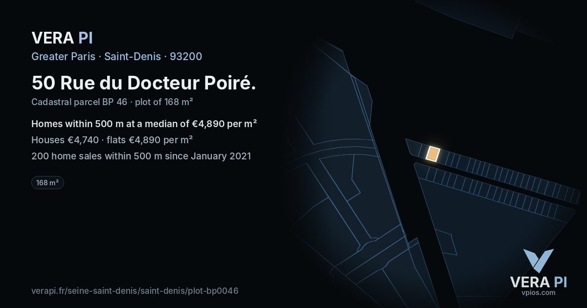 50 Rue du Docteur Poiré, Saint-Denis at night – the plot lit, the parcels around coloured by the prices near them