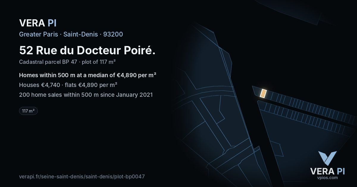 52 Rue du Docteur Poiré, Saint-Denis at night – the plot lit, the parcels around coloured by the prices near them