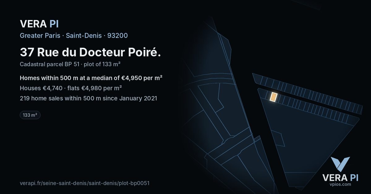 37 Rue du Docteur Poiré, Saint-Denis at night – the plot lit, the parcels around coloured by the prices near them