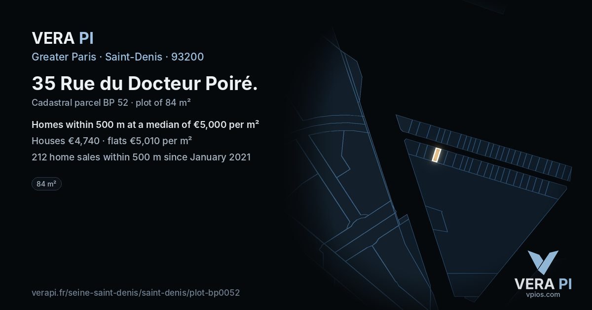 35 Rue du Docteur Poiré, Saint-Denis at night – the plot lit, the parcels around coloured by the prices near them