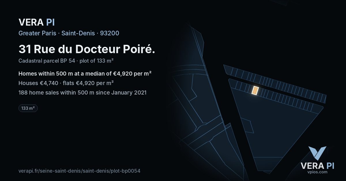 31 Rue du Docteur Poiré, Saint-Denis at night – the plot lit, the parcels around coloured by the prices near them
