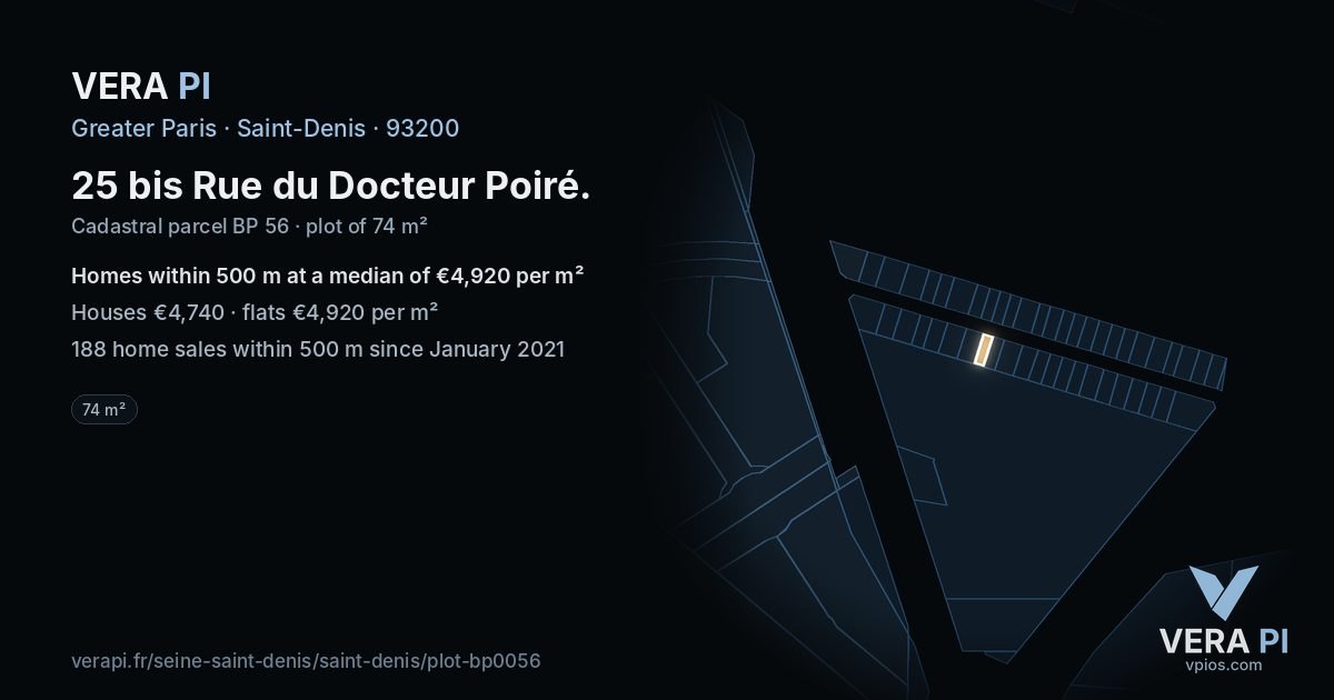 25 bis Rue du Docteur Poiré, Saint-Denis at night – the plot lit, the parcels around coloured by the prices near them