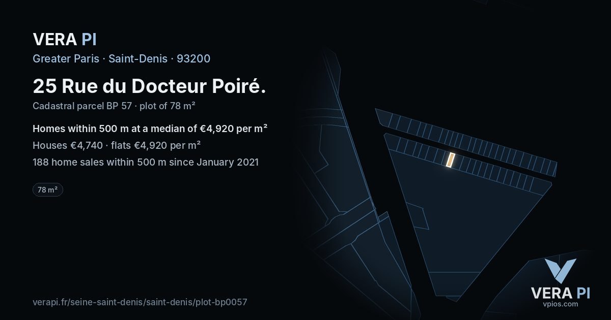 25 Rue du Docteur Poiré, Saint-Denis at night – the plot lit, the parcels around coloured by the prices near them