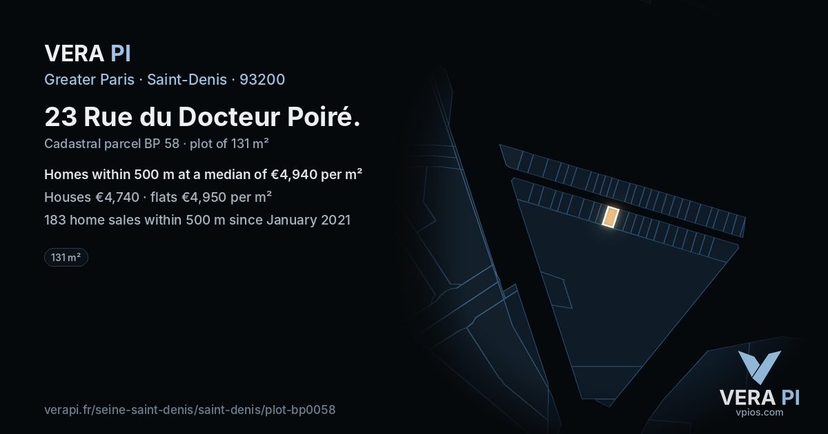 23 Rue du Docteur Poiré, Saint-Denis at night – the plot lit, the parcels around coloured by the prices near them