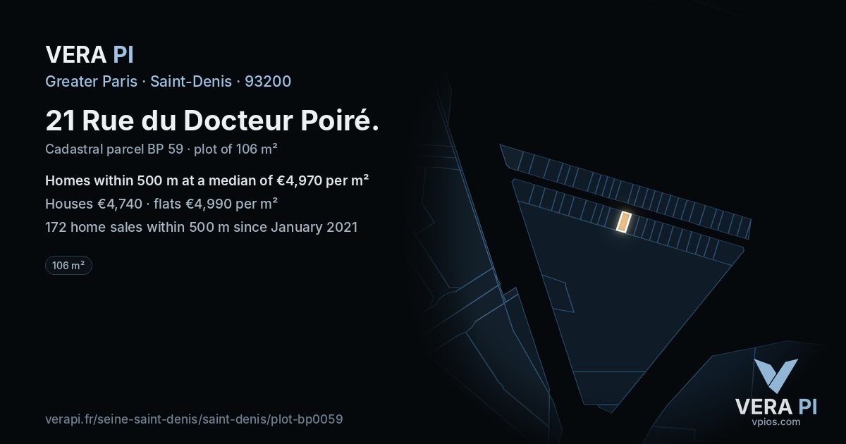 21 Rue du Docteur Poiré, Saint-Denis at night – the plot lit, the parcels around coloured by the prices near them