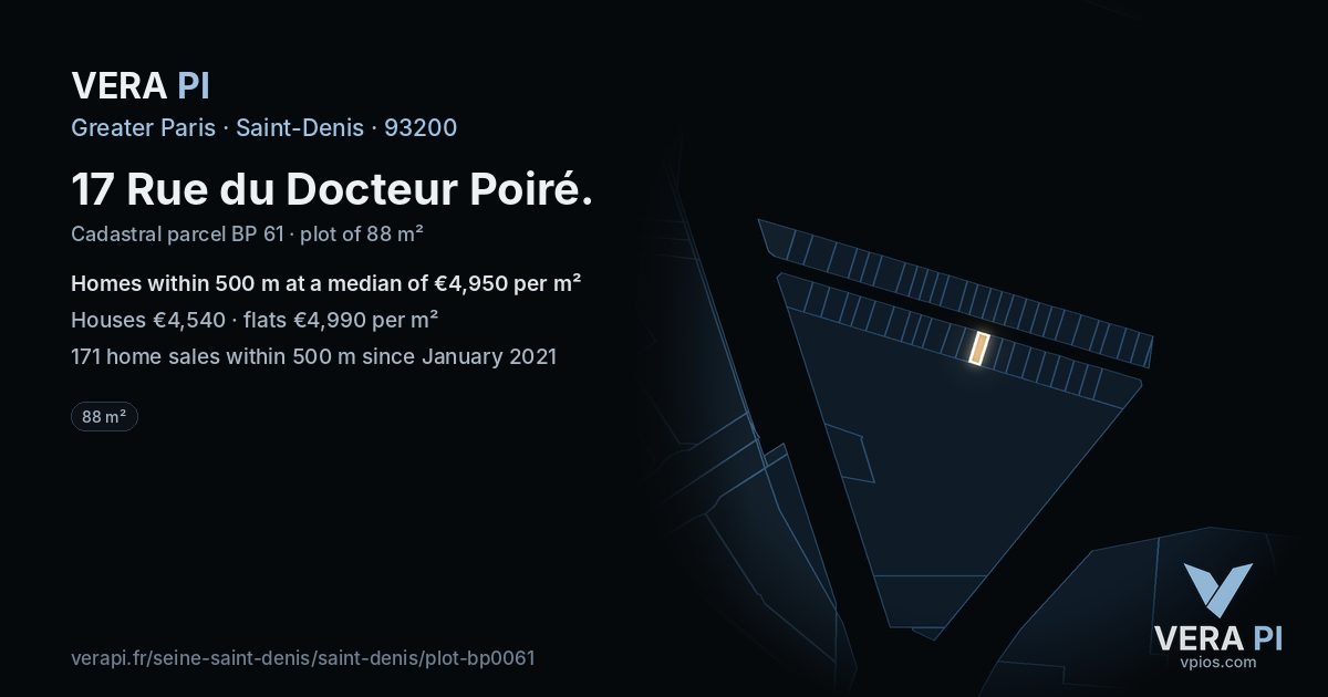 17 Rue du Docteur Poiré, Saint-Denis at night – the plot lit, the parcels around coloured by the prices near them