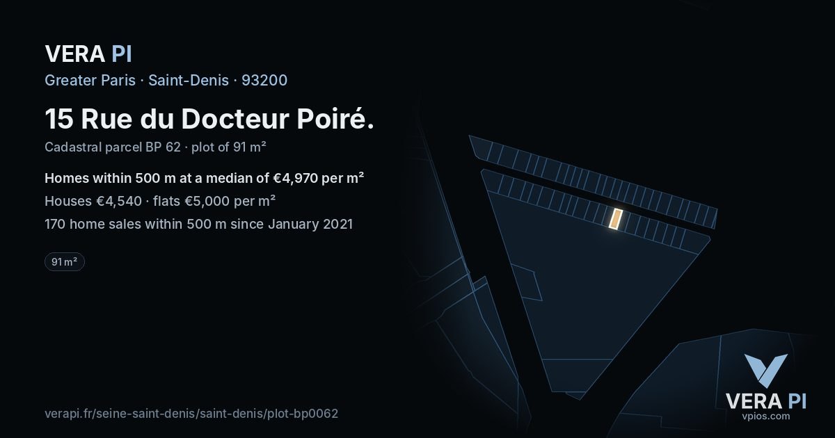 15 Rue du Docteur Poiré, Saint-Denis at night – the plot lit, the parcels around coloured by the prices near them