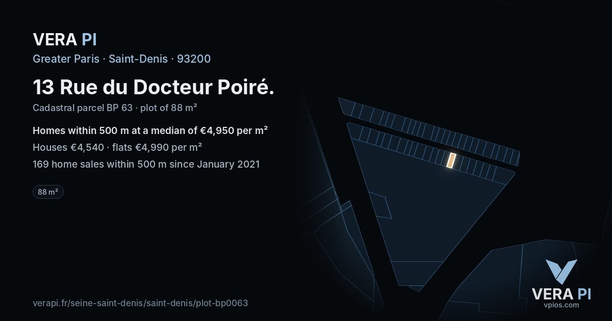 13 Rue du Docteur Poiré, Saint-Denis at night – the plot lit, the parcels around coloured by the prices near them