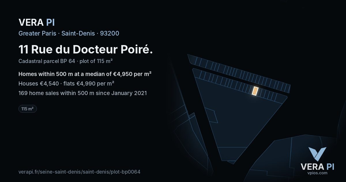 11 Rue du Docteur Poiré, Saint-Denis at night – the plot lit, the parcels around coloured by the prices near them