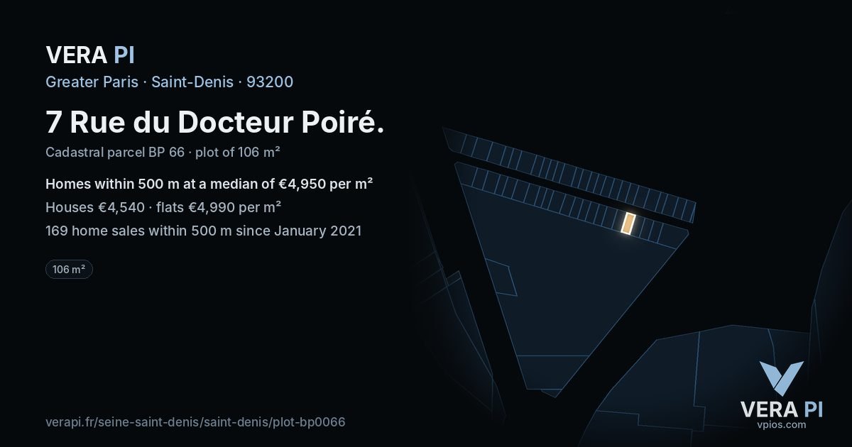 7 Rue du Docteur Poiré, Saint-Denis at night – the plot lit, the parcels around coloured by the prices near them