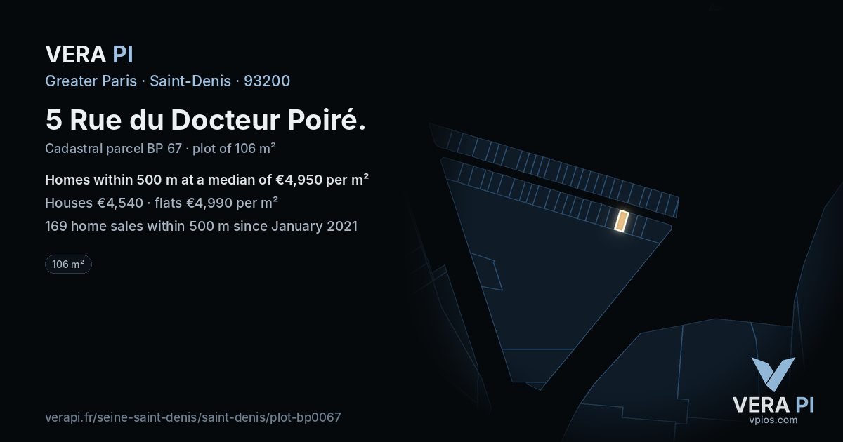 5 Rue du Docteur Poiré, Saint-Denis at night – the plot lit, the parcels around coloured by the prices near them