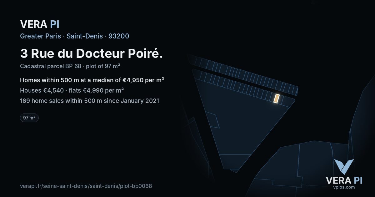 3 Rue du Docteur Poiré, Saint-Denis at night – the plot lit, the parcels around coloured by the prices near them