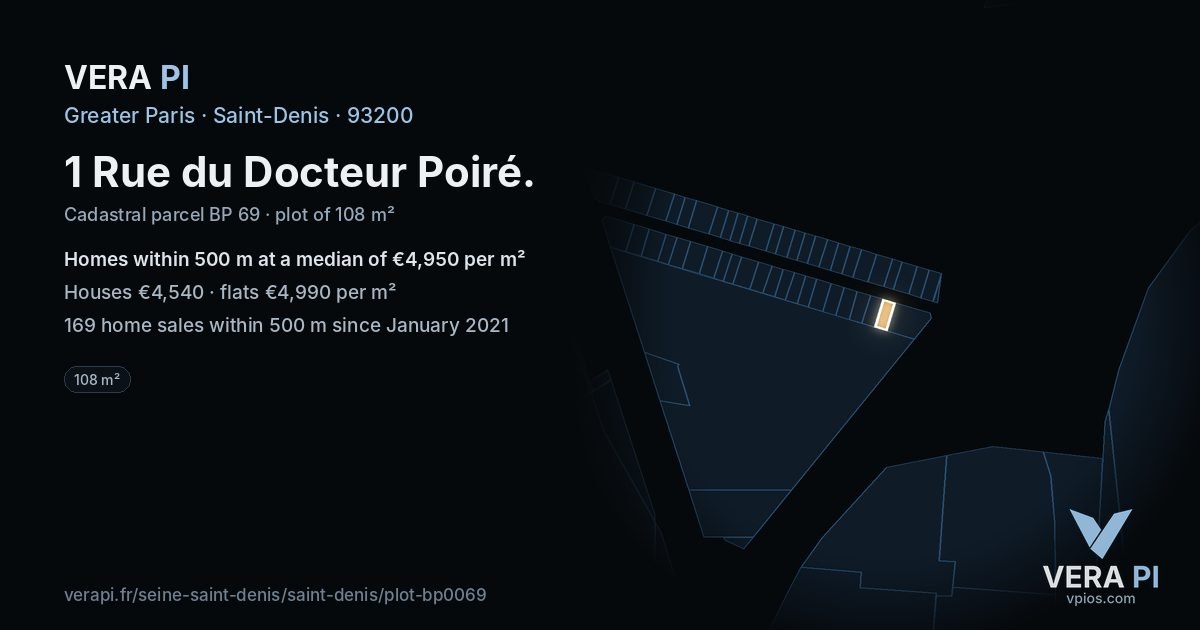 1 Rue du Docteur Poiré, Saint-Denis at night – the plot lit, the parcels around coloured by the prices near them