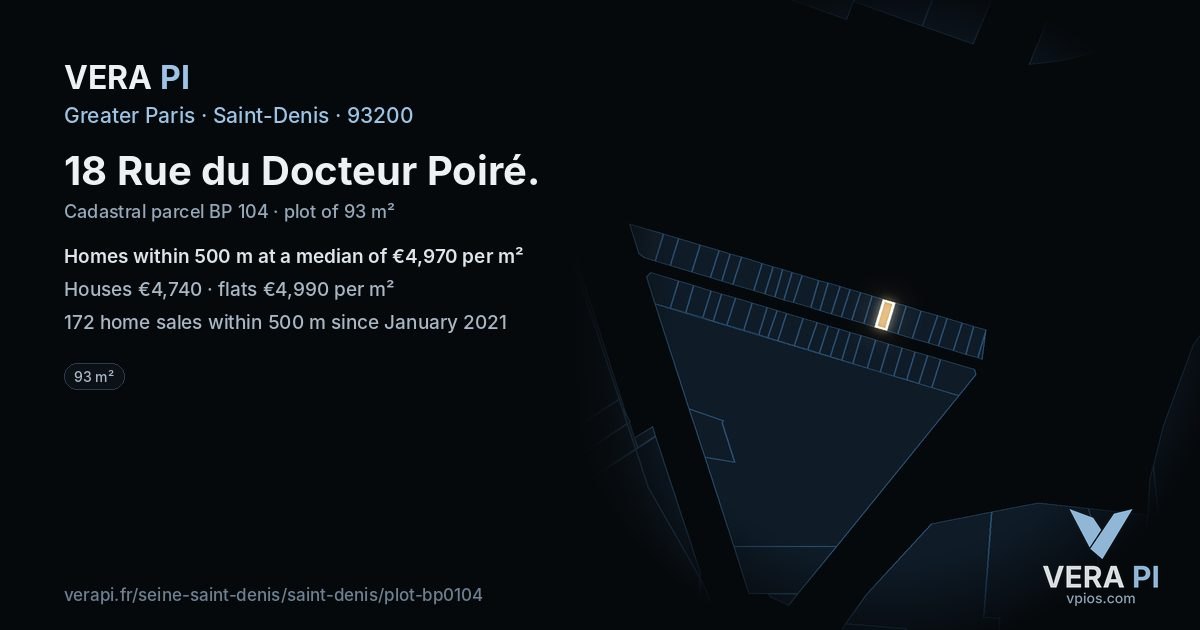 18 Rue du Docteur Poiré, Saint-Denis at night – the plot lit, the parcels around coloured by the prices near them
