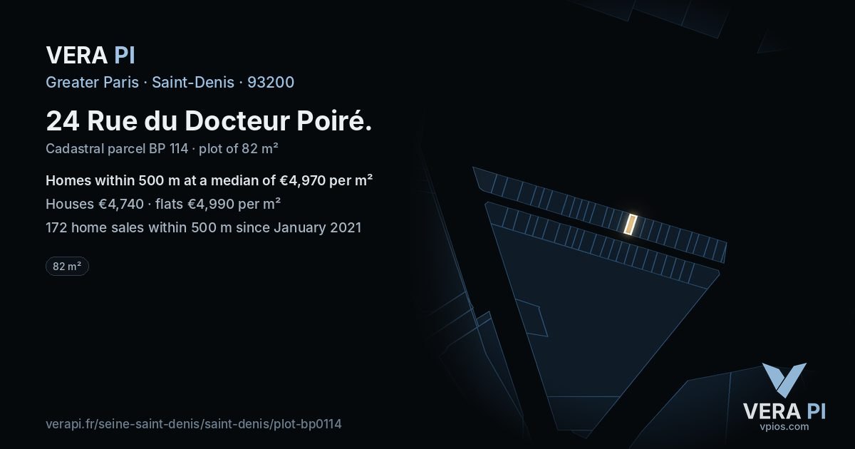 24 Rue du Docteur Poiré, Saint-Denis at night – the plot lit, the parcels around coloured by the prices near them