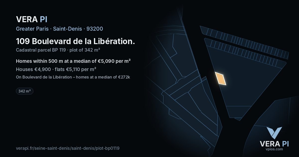 109 Boulevard de la Libération, Saint-Denis at night – the plot lit, the parcels around coloured by the prices near them
