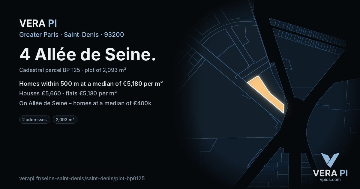 4 Allée de Seine, Saint-Denis at night – the plot lit, the parcels around coloured by the prices near them