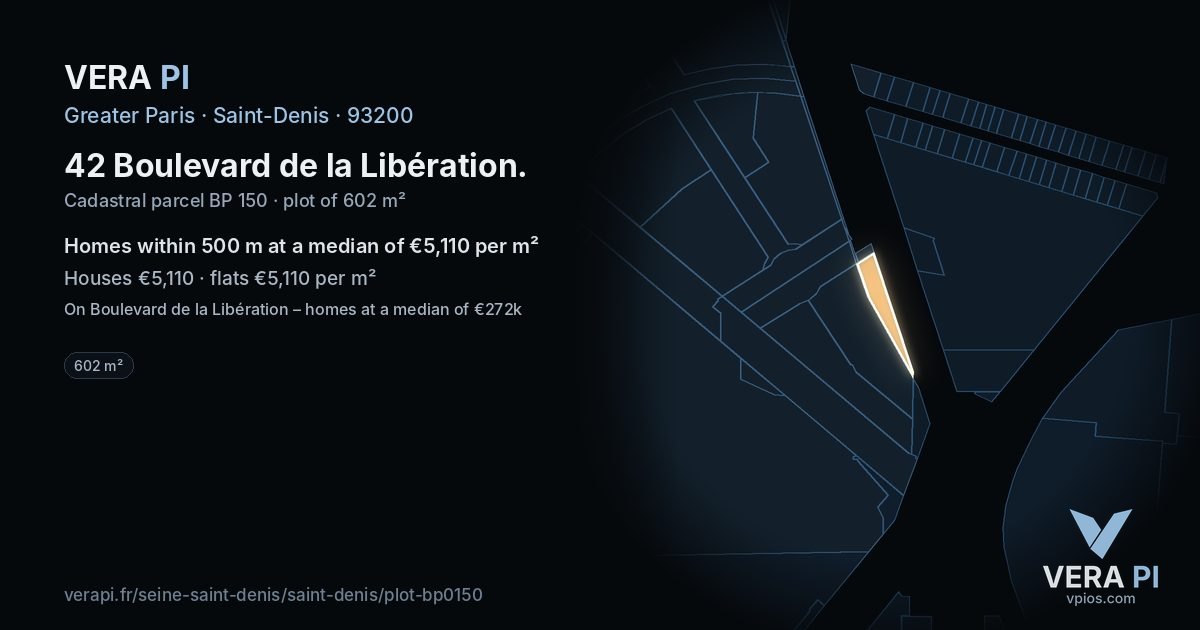 42 Boulevard de la Libération, Saint-Denis at night – the plot lit, the parcels around coloured by the prices near them