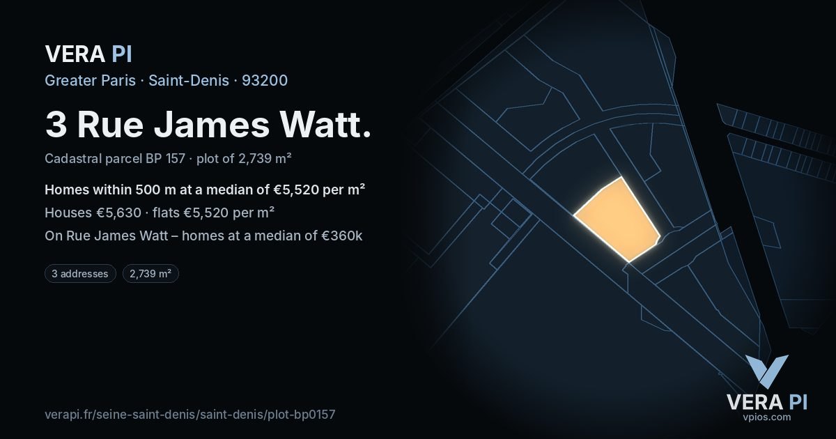 3 Rue James Watt, Saint-Denis at night – the plot lit, the parcels around coloured by the prices near them