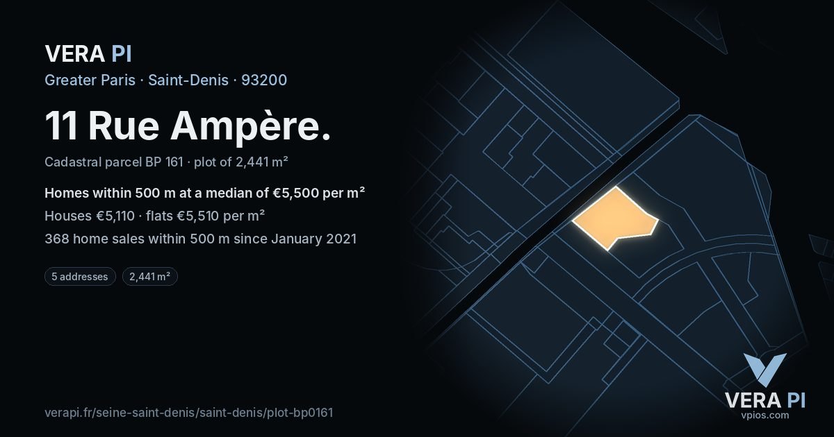 11 Rue Ampère, Saint-Denis at night – the plot lit, the parcels around coloured by the prices near them