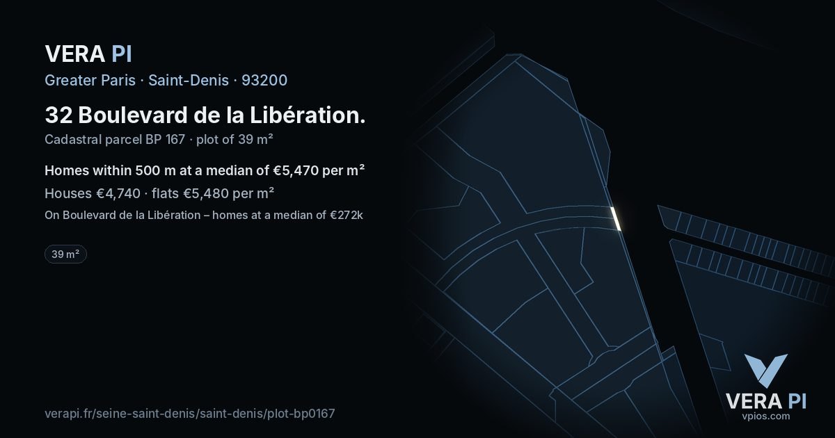 32 Boulevard de la Libération, Saint-Denis at night – the plot lit, the parcels around coloured by the prices near them