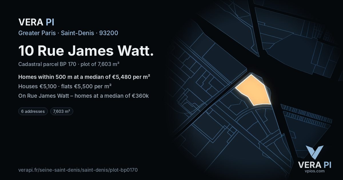 10 Rue James Watt, Saint-Denis at night – the plot lit, the parcels around coloured by the prices near them