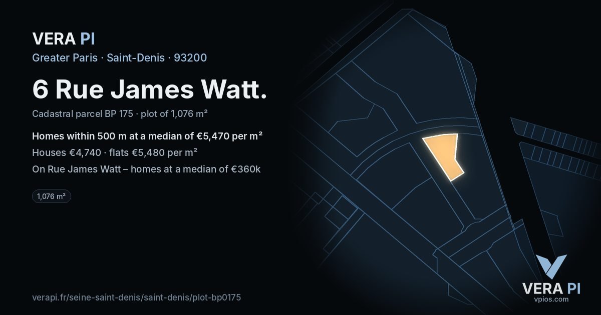 6 Rue James Watt, Saint-Denis at night – the plot lit, the parcels around coloured by the prices near them