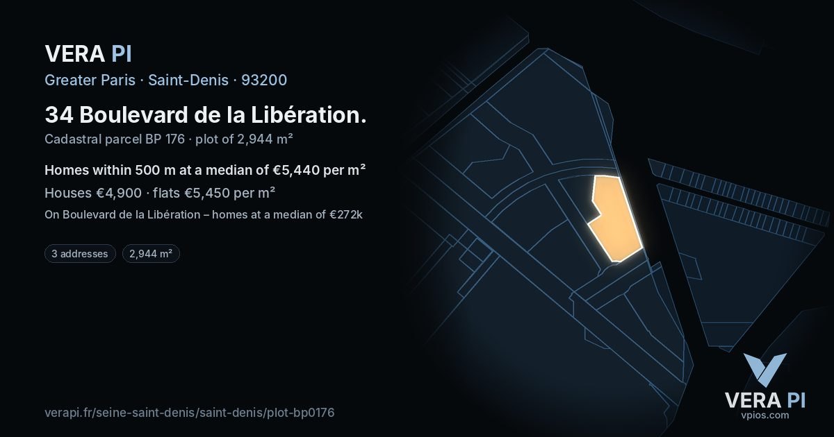 34 Boulevard de la Libération, Saint-Denis at night – the plot lit, the parcels around coloured by the prices near them