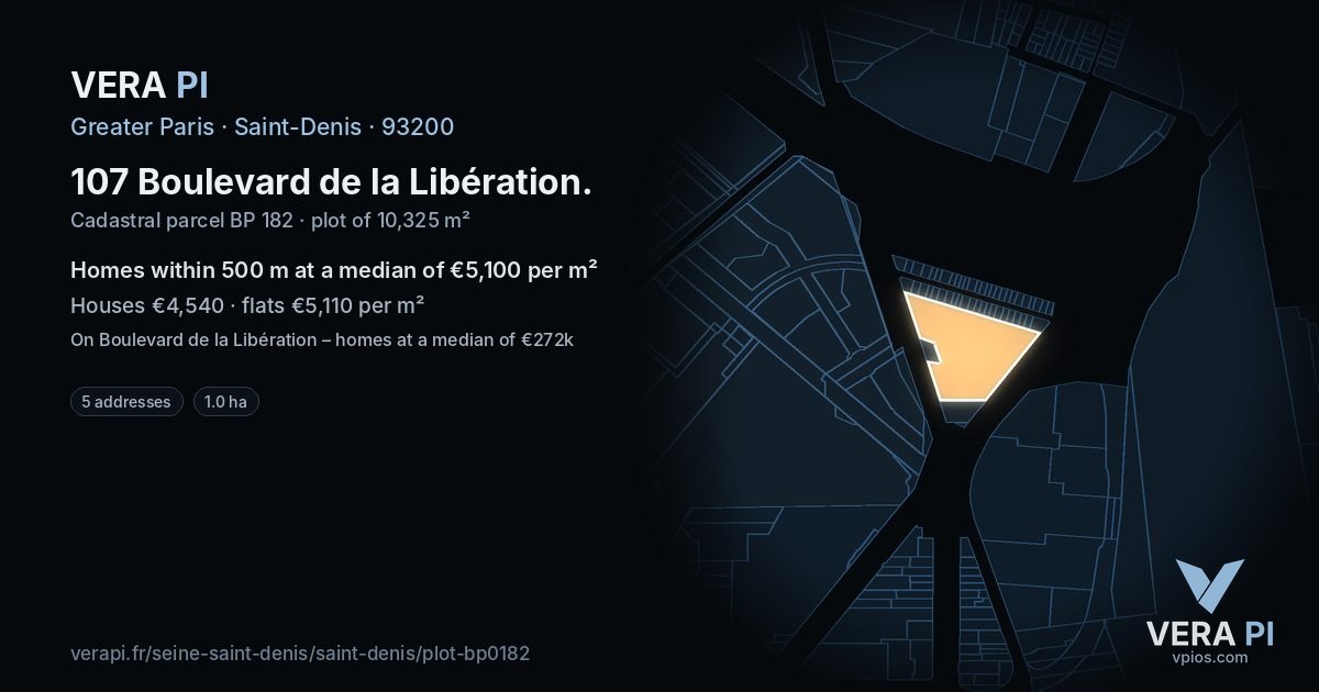 107 Boulevard de la Libération, Saint-Denis at night – the plot lit, the parcels around coloured by the prices near them