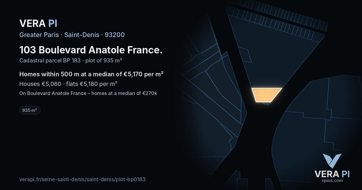 103 Boulevard Anatole France, Saint-Denis at night – the plot lit, the parcels around coloured by the prices near them