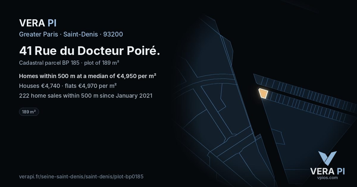 41 Rue du Docteur Poiré, Saint-Denis at night – the plot lit, the parcels around coloured by the prices near them