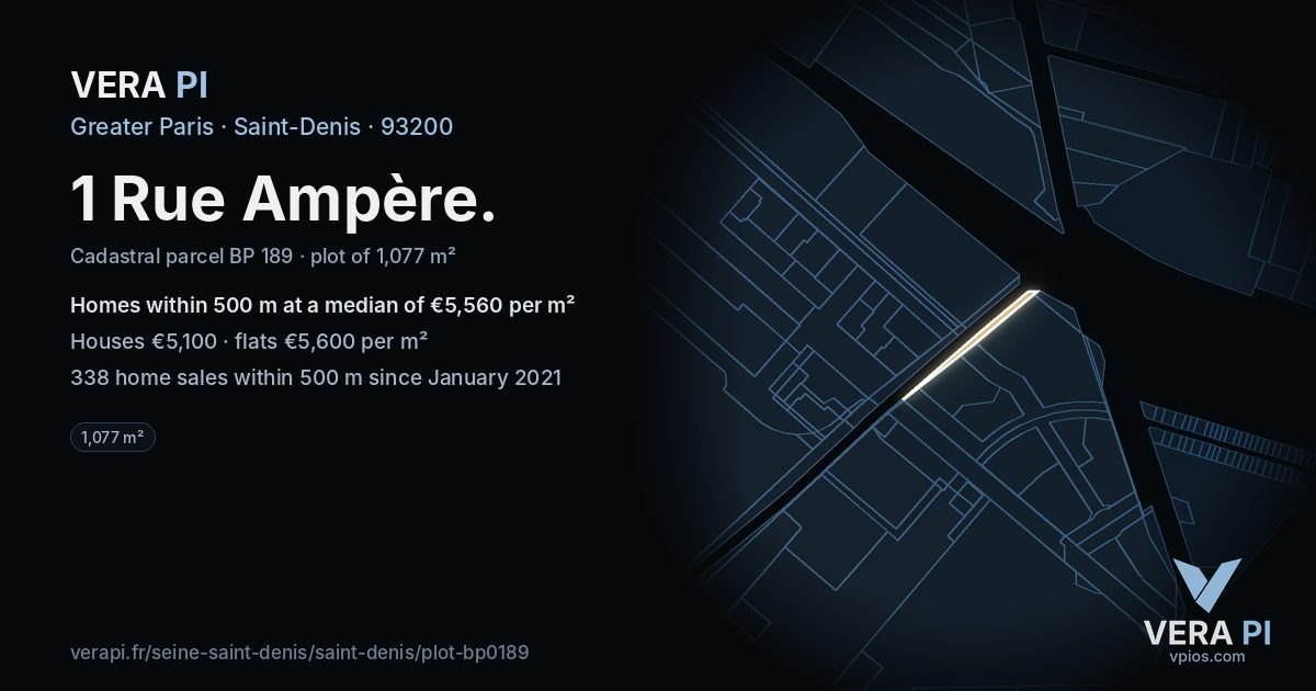 1 Rue Ampère, Saint-Denis at night – the plot lit, the parcels around coloured by the prices near them