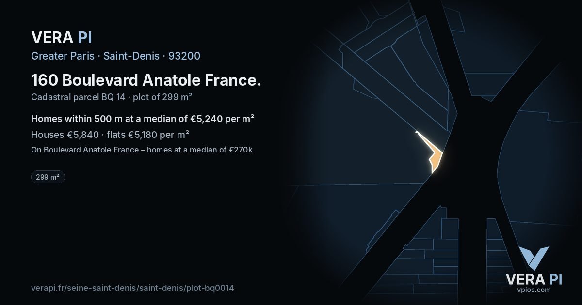 160 Boulevard Anatole France, Saint-Denis at night – the plot lit, the parcels around coloured by the prices near them