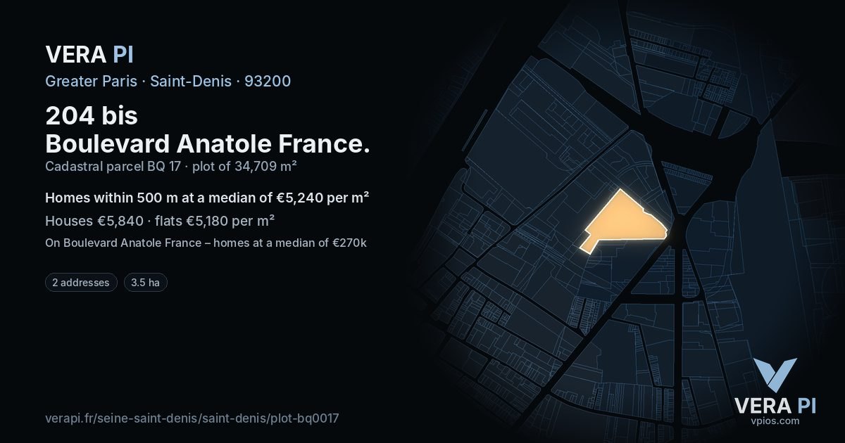 204 bis Boulevard Anatole France, Saint-Denis at night – the plot lit, the parcels around coloured by the prices near them
